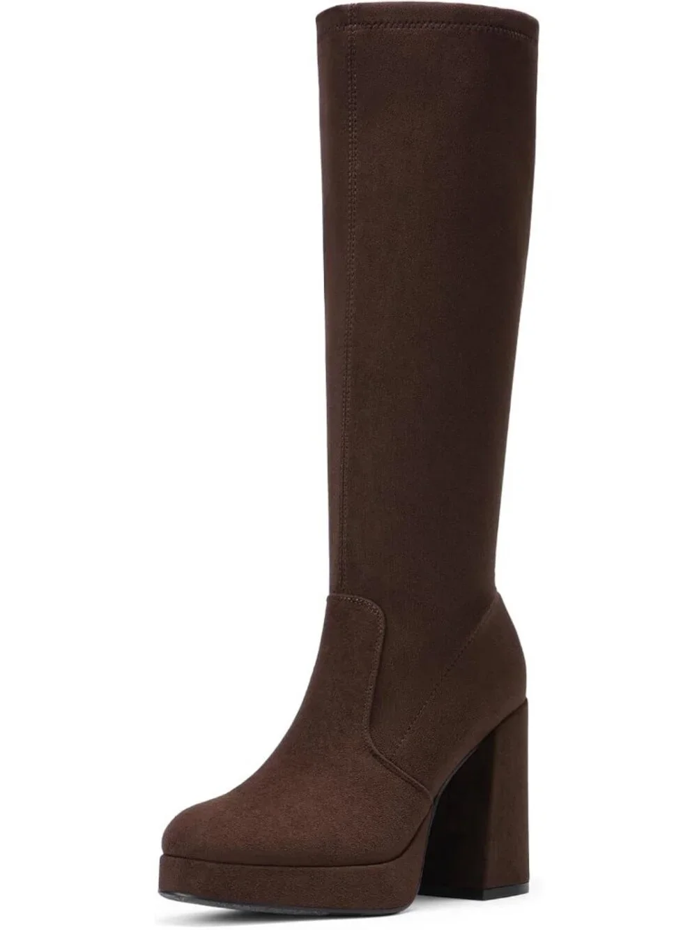 Women's Dark Brown Chunky Platform Heel Round Toe Side Zipper Knee High Boots